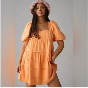 Anthropologie‎ Square Neck Puff Sleeve Orange Dress Size XS Tie Back